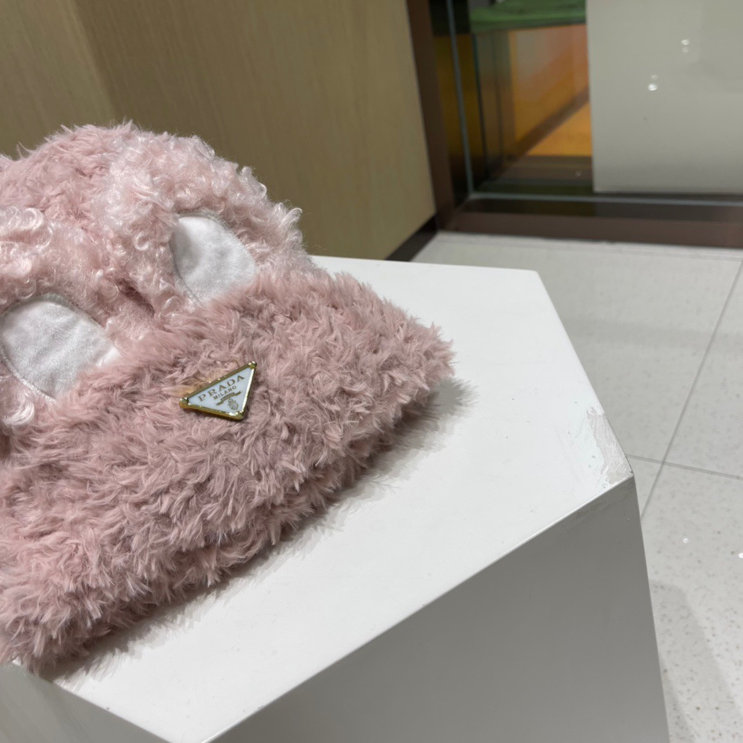  PRADA普拉达 兔子耳朵毛线帽子女秋冬季新款加厚保暖显脸小甜美可爱针织帽