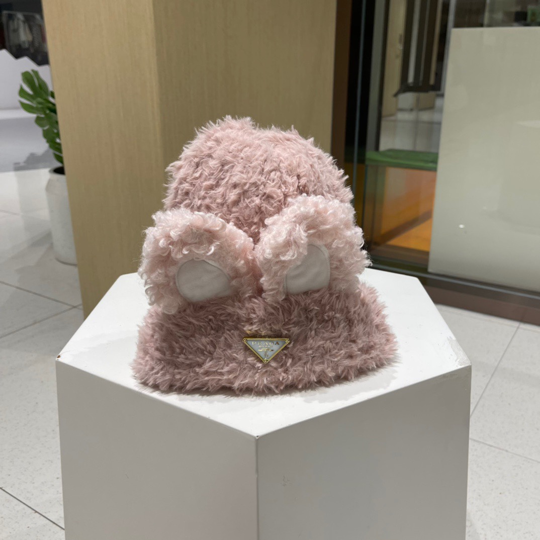  PRADA普拉达 兔子耳朵毛线帽子女秋冬季新款加厚保暖显脸小甜美可爱针织帽