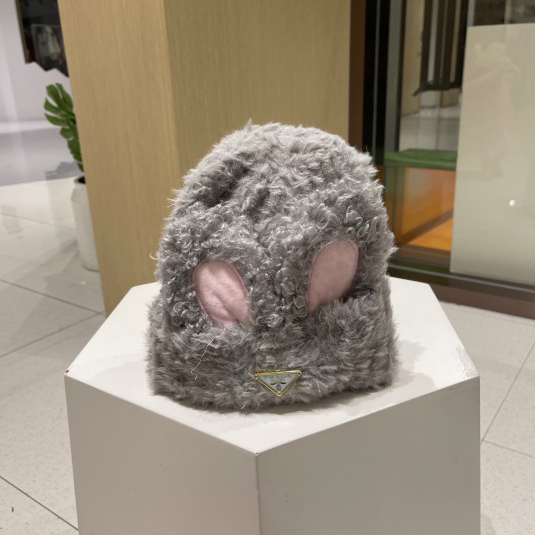  PRADA普拉达 兔子耳朵毛线帽子女秋冬季新款加厚保暖显脸小甜美可爱针织帽