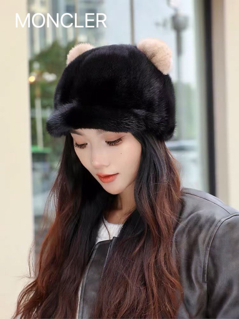 MONCLER蒙口帽子女冬季新款耳朵帽皮草加厚保暖鸭舌帽休闲逛街百搭棒球帽
