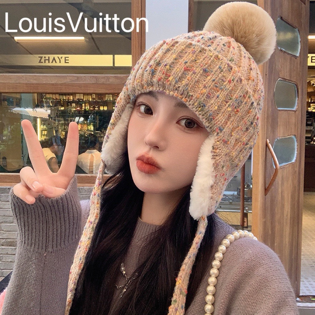 LouisVuitton路易威登粗毛线帽女针织帽冷帽子秋冬季保暖加厚2023新款护耳大头围显脸小