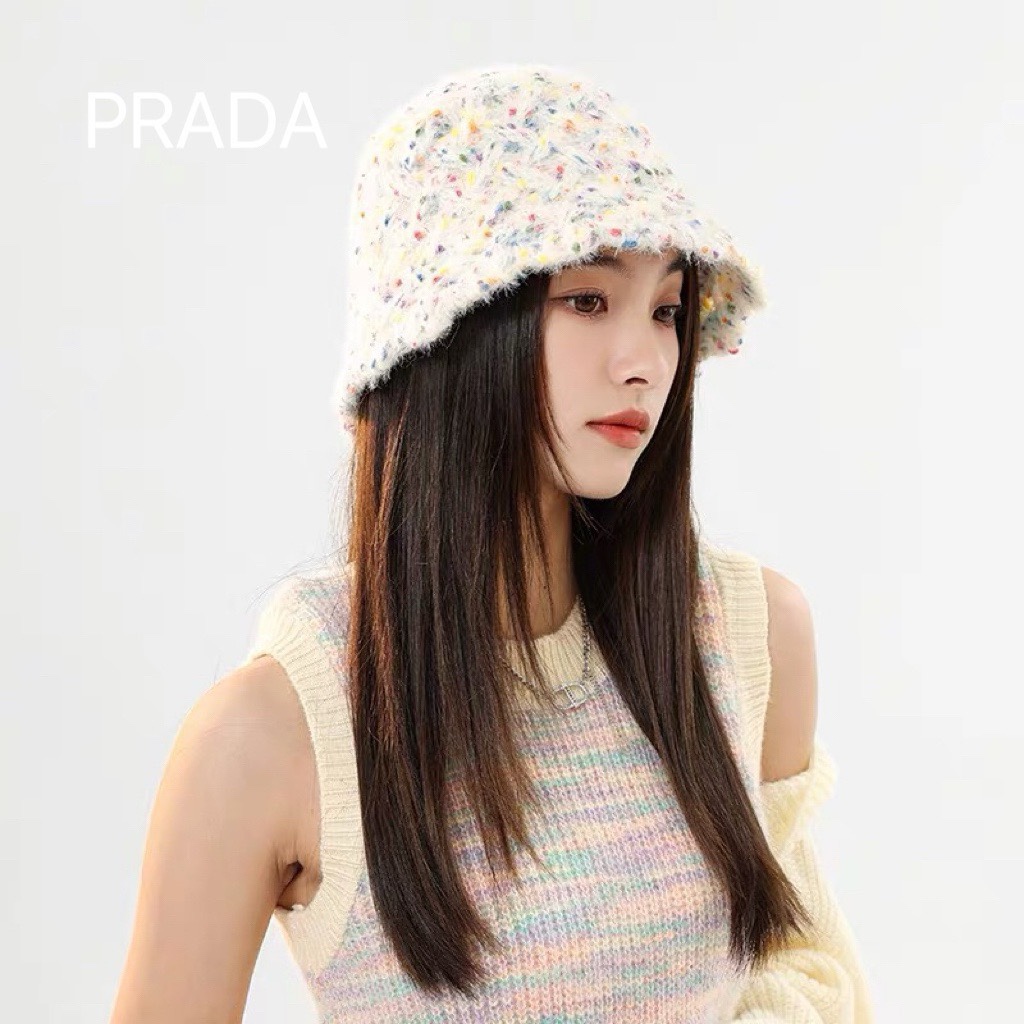 PRADA渔夫帽子女秋冬季2023年新款百搭显脸小潮纯色加厚保暖护耳套头帽