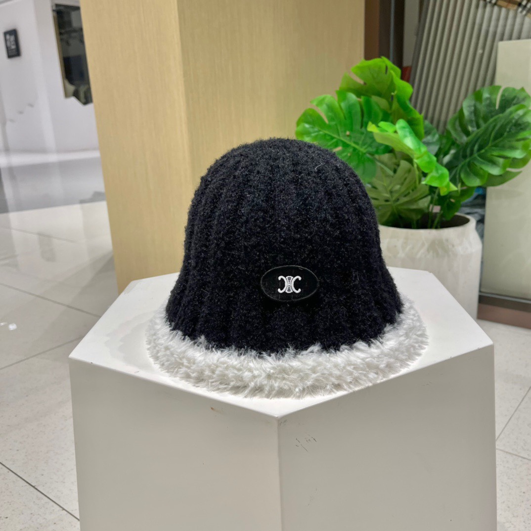 CELINE赛琳毛绒渔夫帽2023新款秋冬百搭显脸小盆帽冬季素颜针织水桶帽