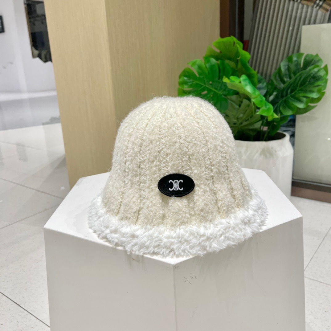 CELINE赛琳毛绒渔夫帽2023新款秋冬百搭显脸小盆帽冬季素颜针织水桶帽