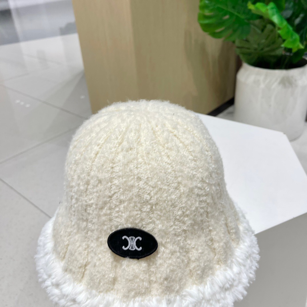 CELINE赛琳毛绒渔夫帽2023新款秋冬百搭显脸小盆帽冬季素颜针织水桶帽
