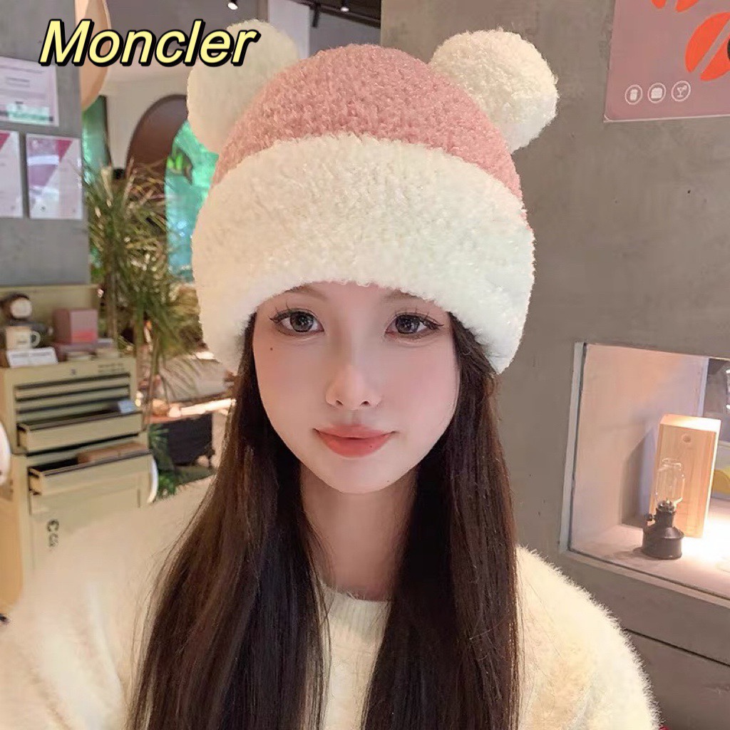 蒙口Moncler毛线帽子女款2023新款秋冬季针织可爱小熊兔毛绒百搭保暖堆堆冷帽