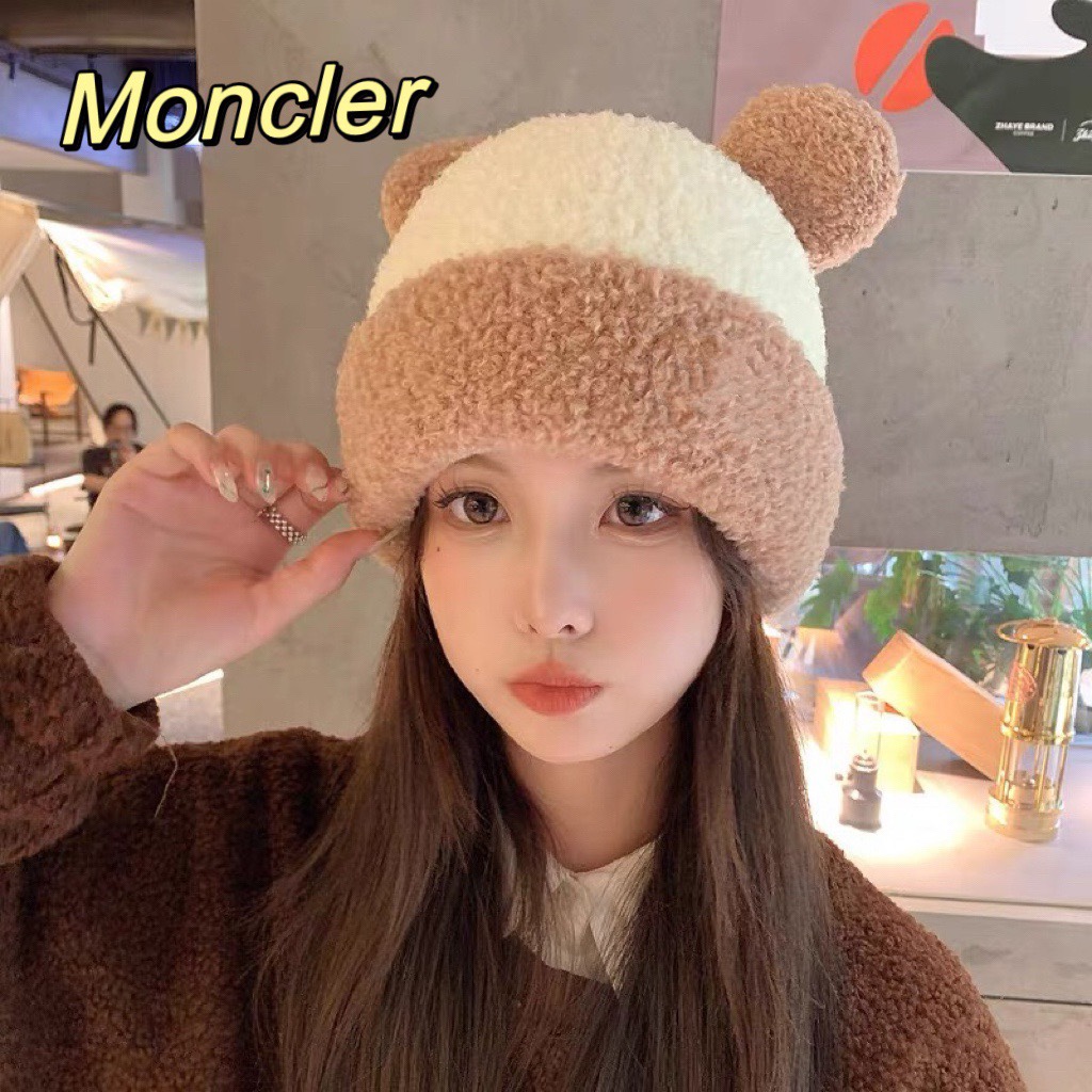蒙口Moncler毛线帽子女款2023新款秋冬季针织可爱小熊兔毛绒百搭保暖堆堆冷帽