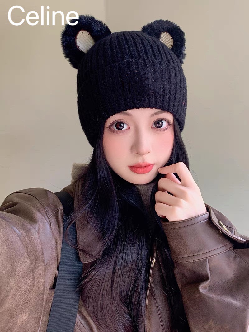 赛琳Celine可爱小熊耳朵帽子女秋冬韩版潮时尚保暖护耳针织毛线帽百搭套头帽