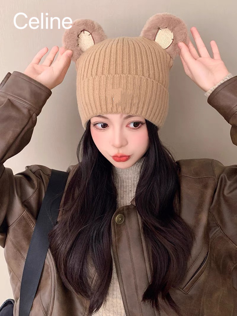 赛琳Celine可爱小熊耳朵帽子女秋冬韩版潮时尚保暖护耳针织毛线帽百搭套头帽