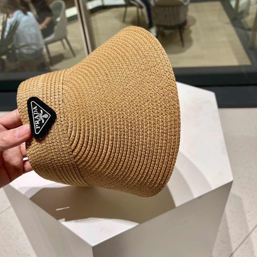  PRADA普拉达2022春夏新款遮阳草帽帽，空顶遮阳帽，防嗮遮阳帽，可折叠，头围57cm，