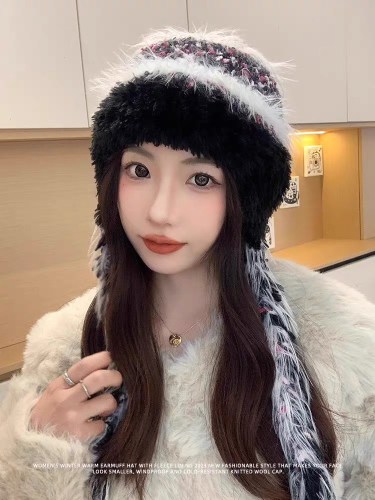 香奈儿Chanel2024新款秋冬小香风条纹拼接毛绒毛线帽保暧护耳瓣子帽女