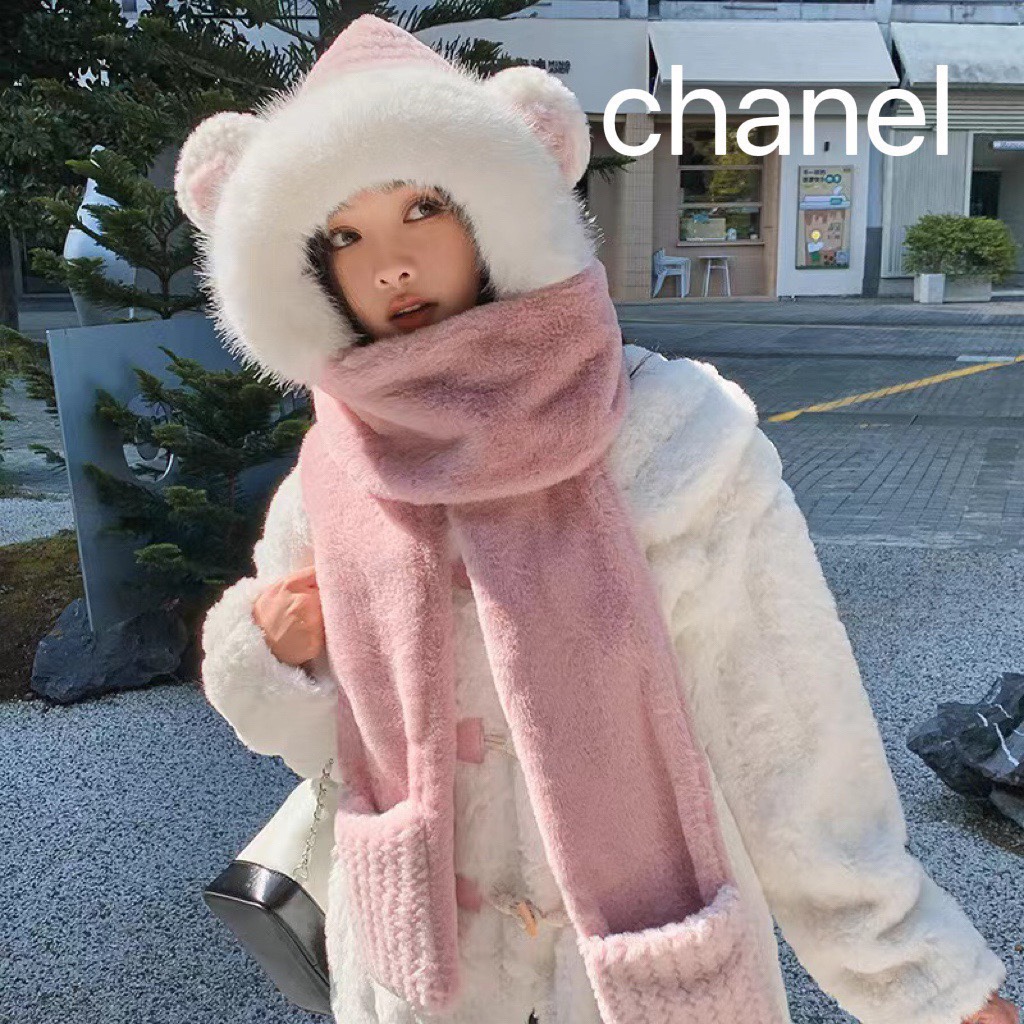 Chanel香奈儿小熊三件套女冬季保暖加厚毛绒帽子围巾手套一体冬天可爱骑车围脖