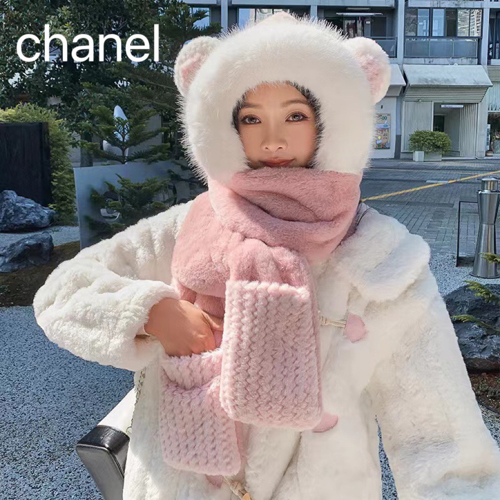 Chanel香奈儿小熊三件套女冬季保暖加厚毛绒帽子围巾手套一体冬天可爱骑车围脖