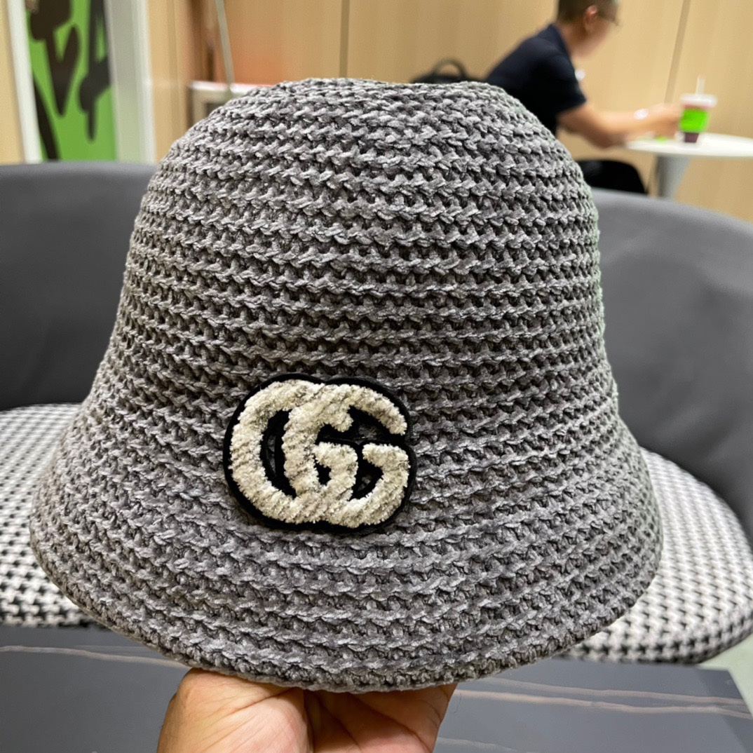 。古奇Gucci2024新款渔夫帽子女秋冬毛线拼接显脸小保暖百搭盆帽网红同款