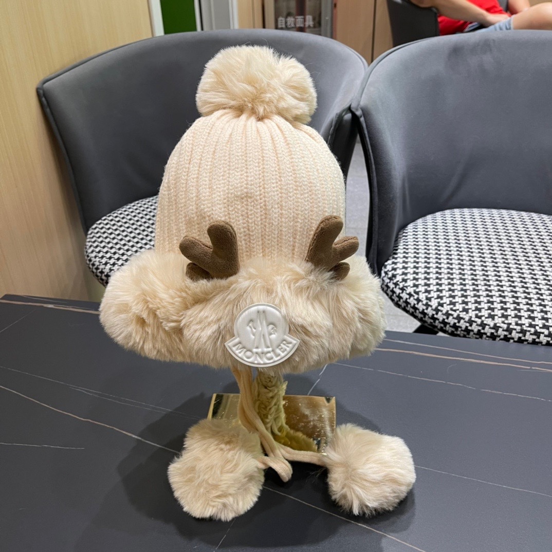 MONCLER蒙口🎩2024冬新款鹿角可爱毛球加绒针织护耳帽女洋气冬季防寒保暖加厚雷锋帽