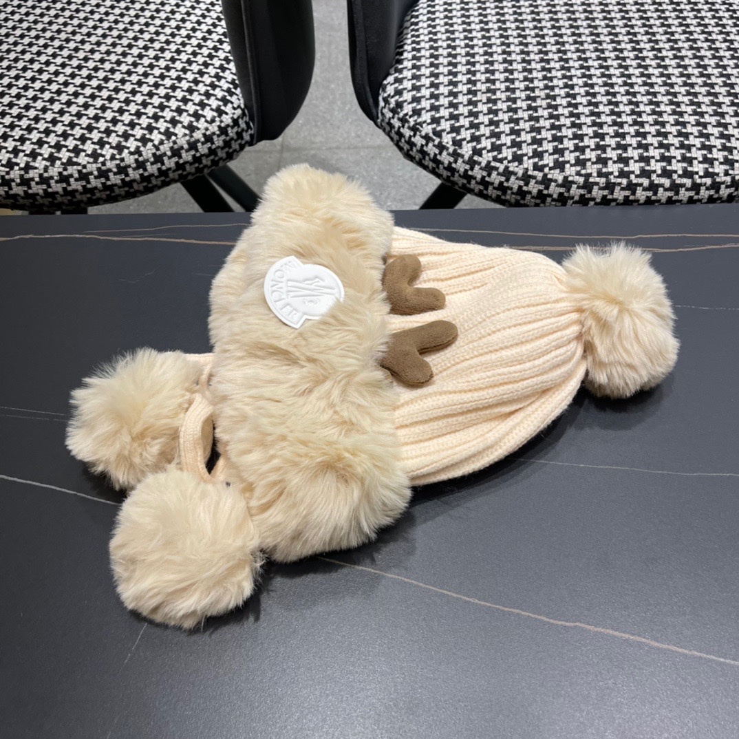 MONCLER蒙口🎩2024冬新款鹿角可爱毛球加绒针织护耳帽女洋气冬季防寒保暖加厚雷锋帽