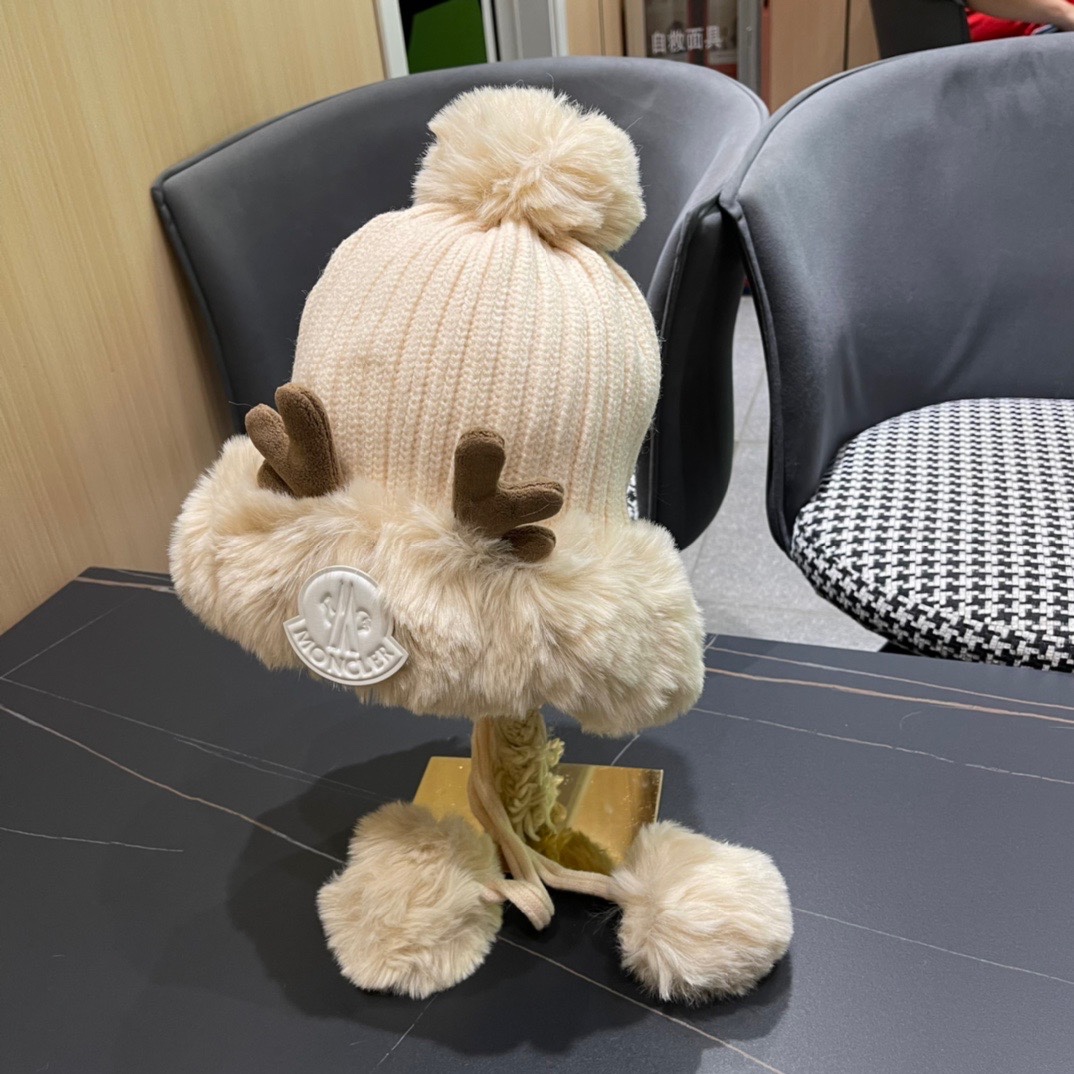 MONCLER蒙口🎩2024冬新款鹿角可爱毛球加绒针织护耳帽女洋气冬季防寒保暖加厚雷锋帽