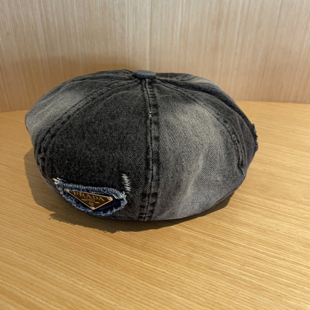 PRADA普拉达贝雷帽复古牛仔帽子女2024新款报童帽显脸小