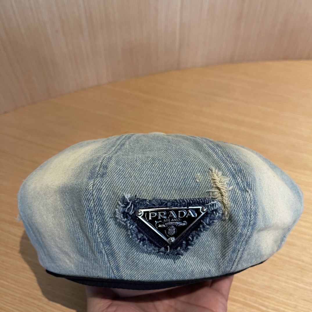 PRADA普拉达贝雷帽复古牛仔帽子女2024新款报童帽显脸小