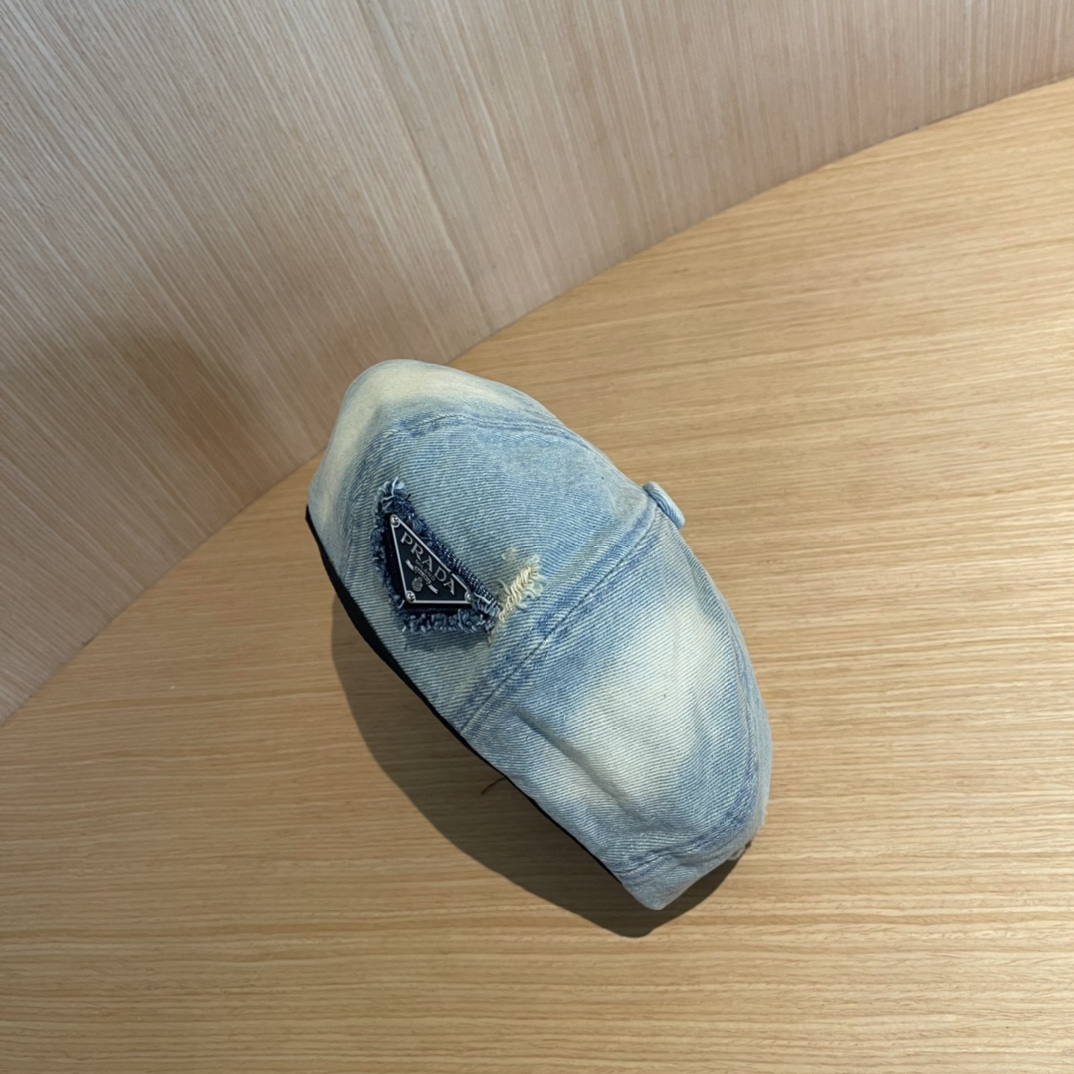 PRADA普拉达贝雷帽复古牛仔帽子女2024新款报童帽显脸小