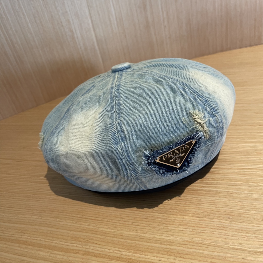 PRADA普拉达贝雷帽复古牛仔帽子女2024新款报童帽显脸小