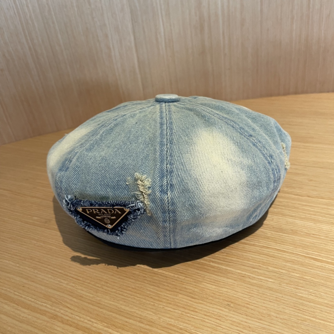 PRADA普拉达贝雷帽复古牛仔帽子女2024新款报童帽显脸小