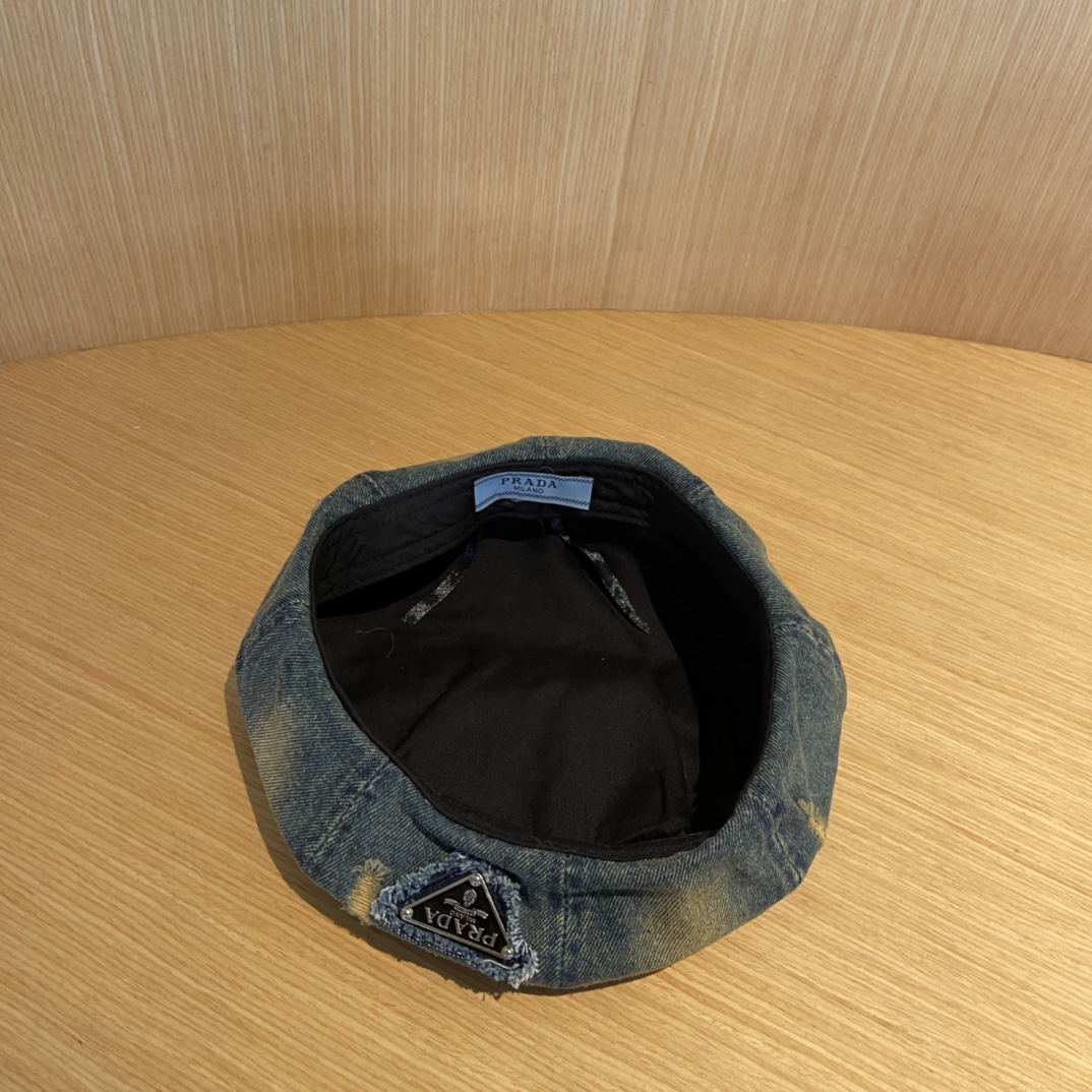 PRADA普拉达贝雷帽复古牛仔帽子女2024新款报童帽显脸小