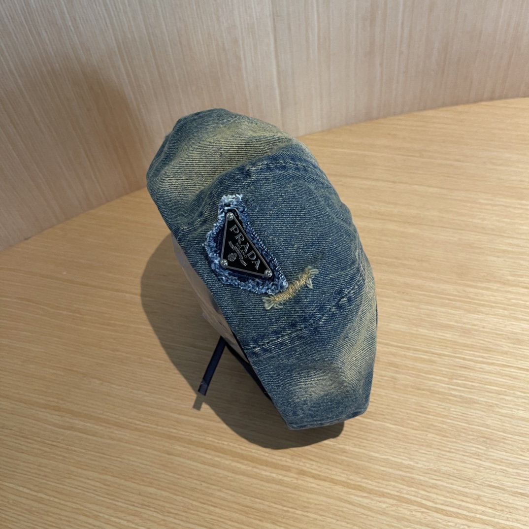 PRADA普拉达贝雷帽复古牛仔帽子女2024新款报童帽显脸小