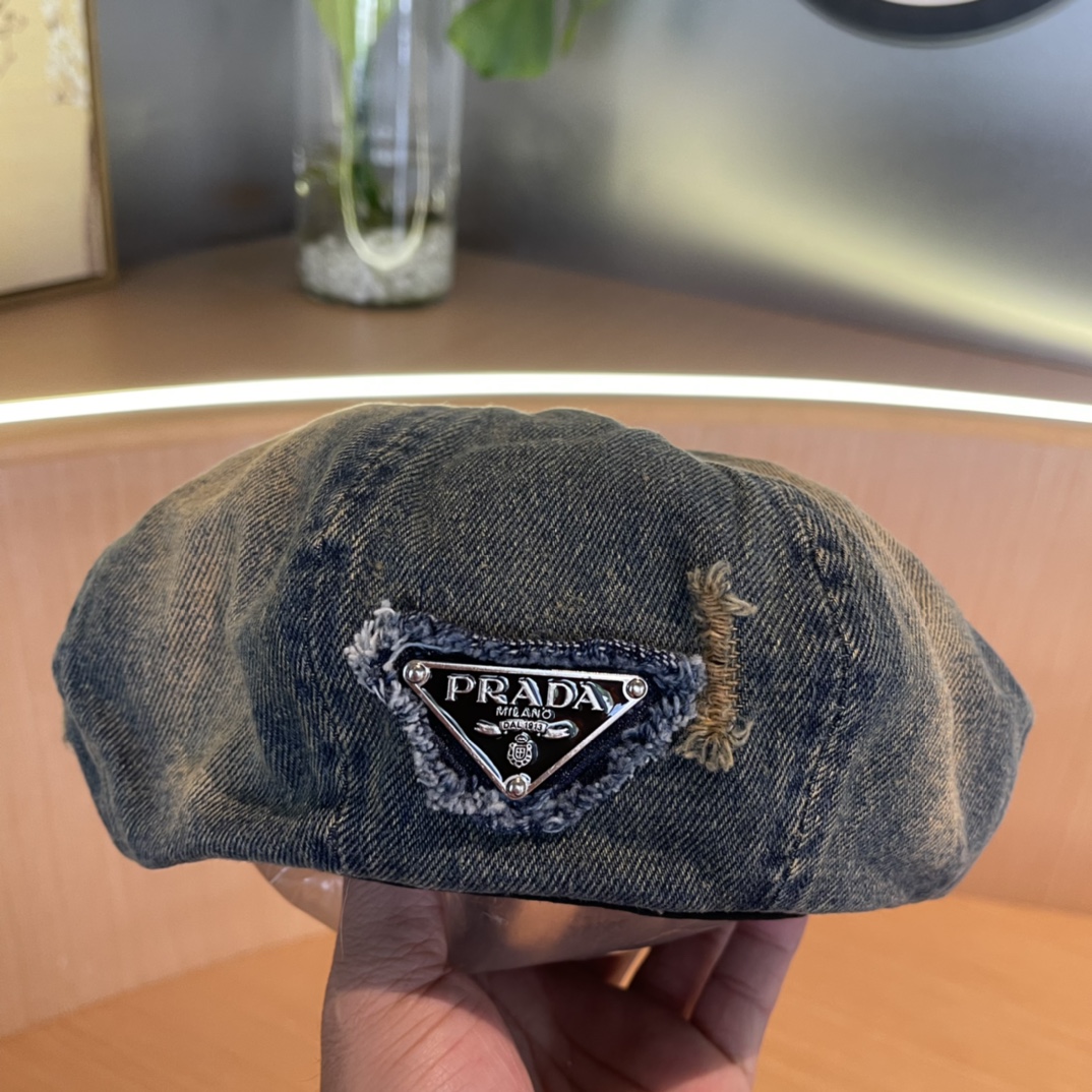 PRADA普拉达贝雷帽复古牛仔帽子女2024新款报童帽显脸小