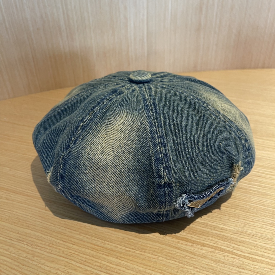 PRADA普拉达贝雷帽复古牛仔帽子女2024新款报童帽显脸小