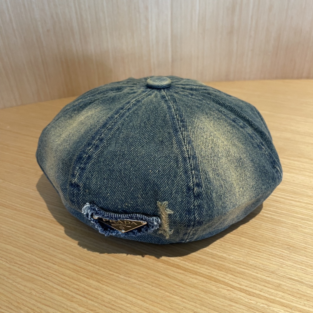 PRADA普拉达贝雷帽复古牛仔帽子女2024新款报童帽显脸小