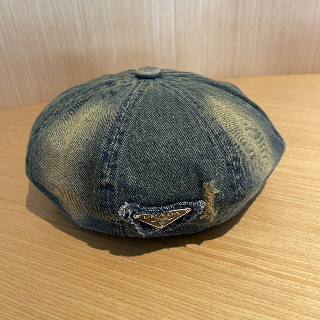 PRADA普拉达贝雷帽复古牛仔帽子女2024新款报童帽显脸小