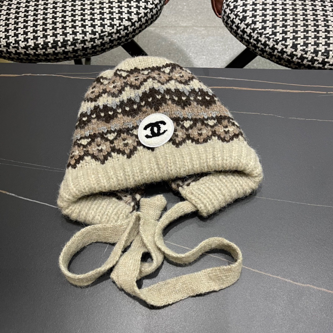 Chanel香奈儿秋冬复古百搭保暖费尔岛风针织羊🐏毛大头围弹力情侣护耳毛线帽帽子