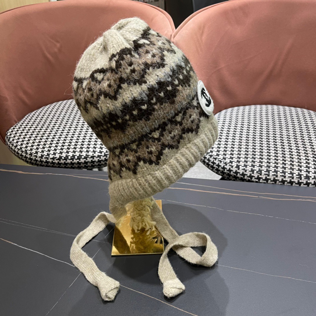 Chanel香奈儿秋冬复古百搭保暖费尔岛风针织羊🐏毛大头围弹力情侣护耳毛线帽帽子