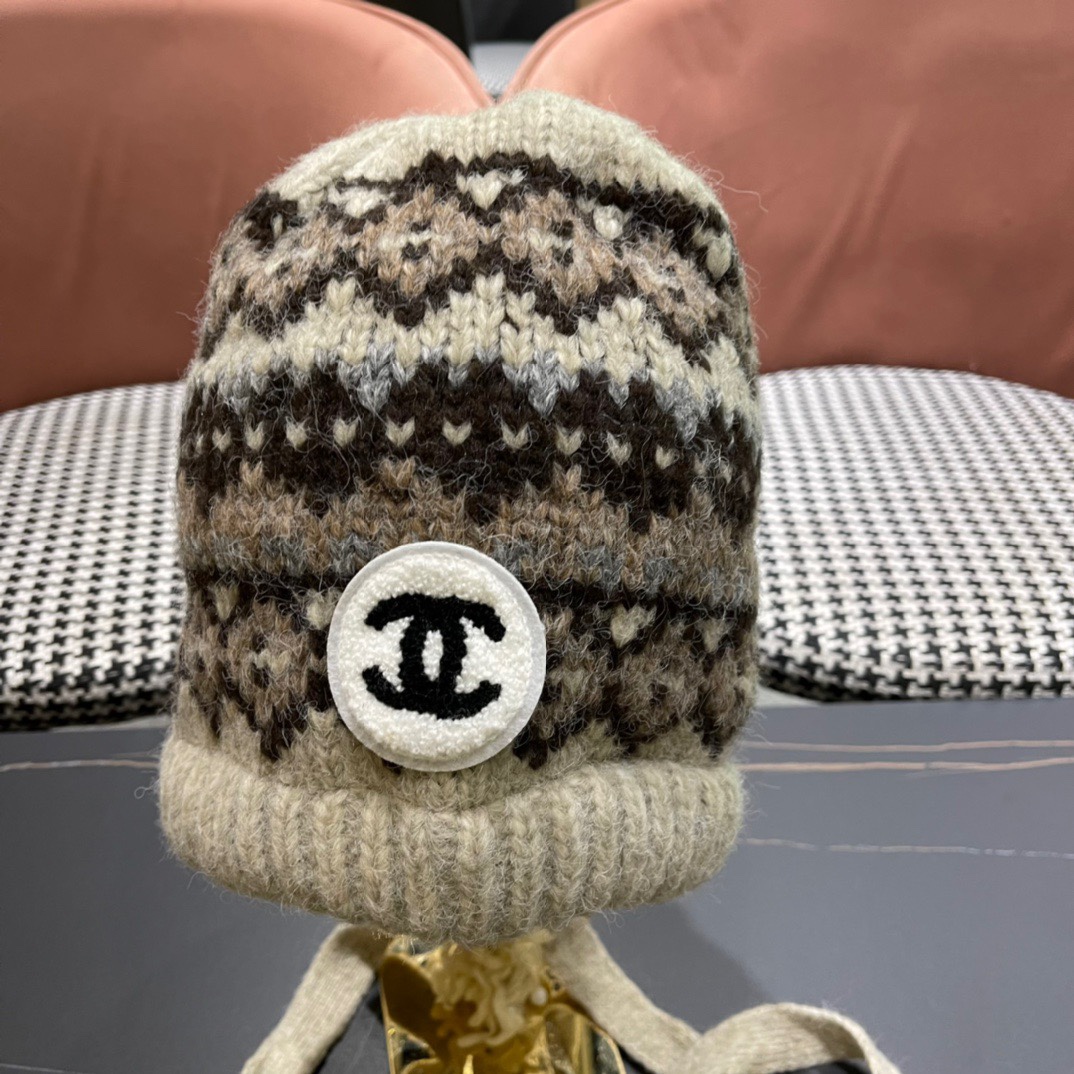 Chanel香奈儿秋冬复古百搭保暖费尔岛风针织羊🐏毛大头围弹力情侣护耳毛线帽帽子