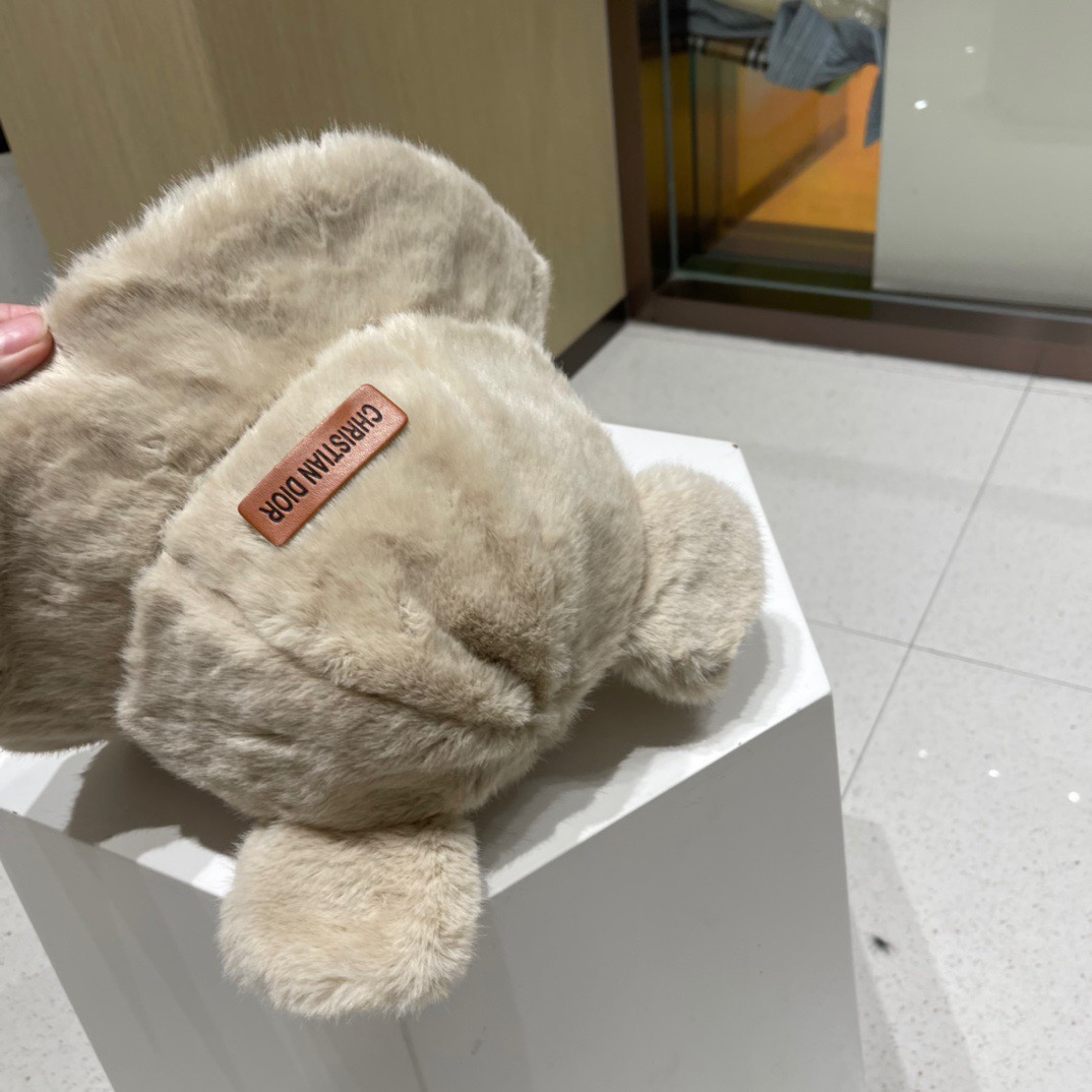 DIOR迪奥 毛茸茸渔夫帽冬天可爱小熊耳朵毛毛绒绒秋冬季百搭盆帽帽子冬款女