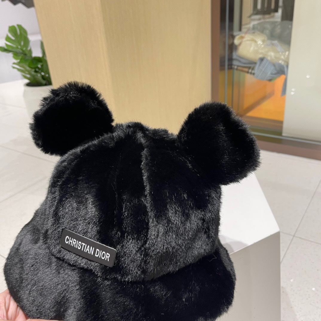 DIOR迪奥 毛茸茸渔夫帽冬天可爱小熊耳朵毛毛绒绒秋冬季百搭盆帽帽子冬款女