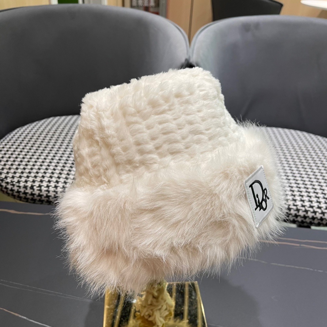 DIOR迪奥韩版2024毛绒边渔夫帽女秋冬季保暖显脸小盆帽户外百搭针织毛线渔夫帽
