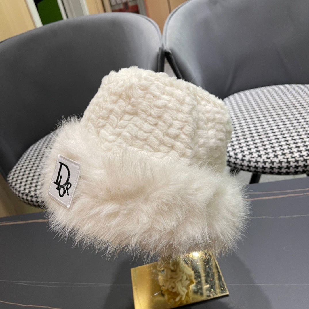 DIOR迪奥韩版2024毛绒边渔夫帽女秋冬季保暖显脸小盆帽户外百搭针织毛线渔夫帽