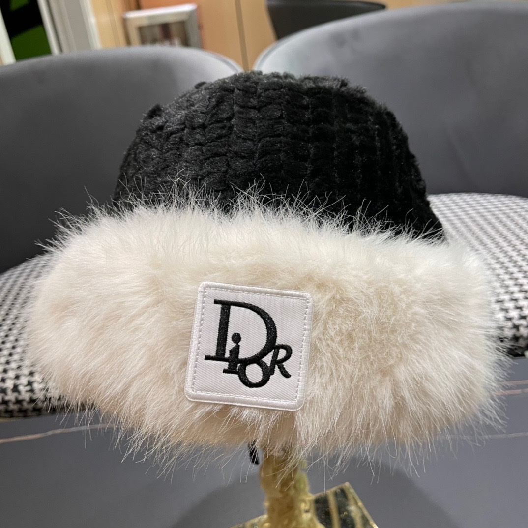 DIOR迪奥韩版2024毛绒边渔夫帽女秋冬季保暖显脸小盆帽户外百搭针织毛线渔夫帽