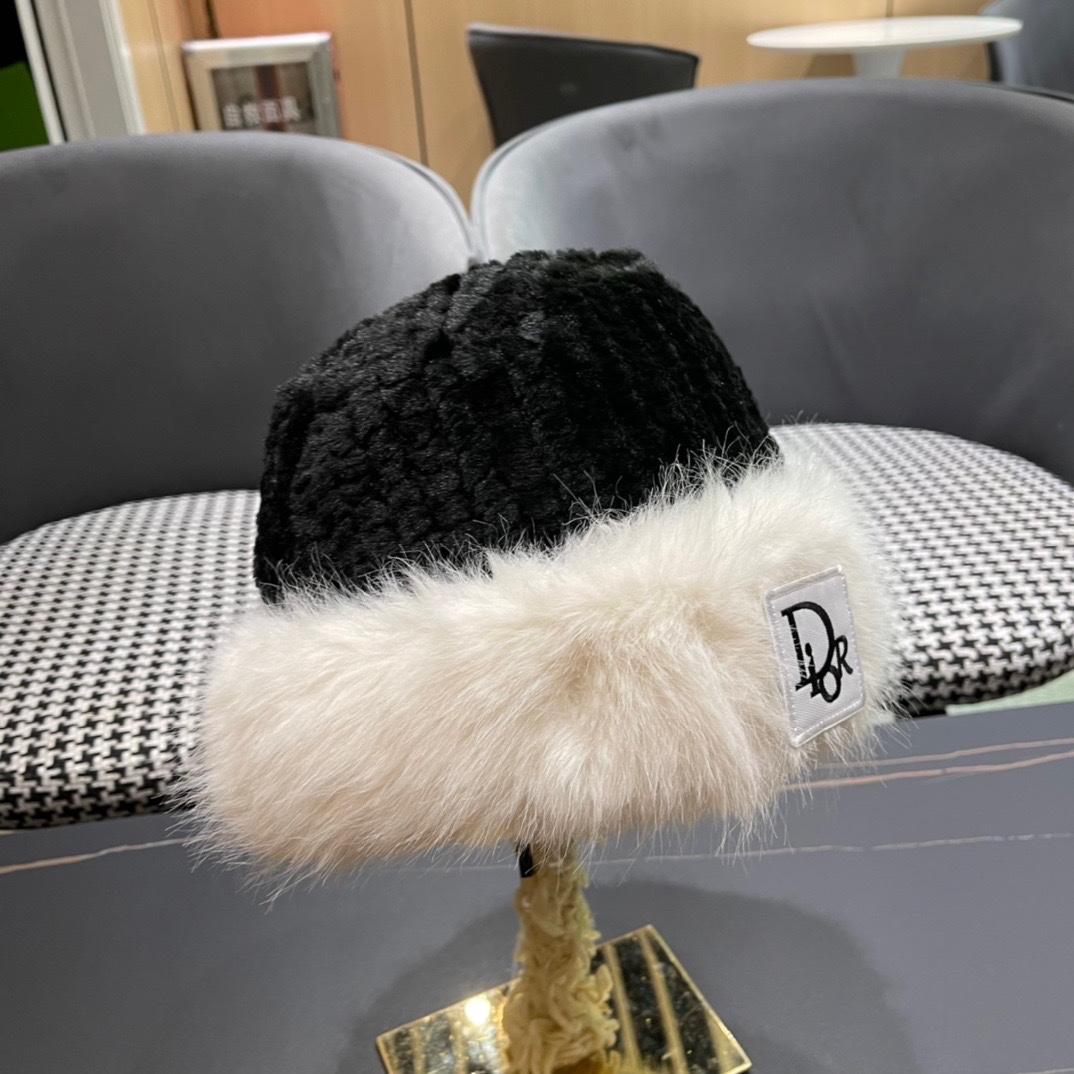 DIOR迪奥韩版2024毛绒边渔夫帽女秋冬季保暖显脸小盆帽户外百搭针织毛线渔夫帽