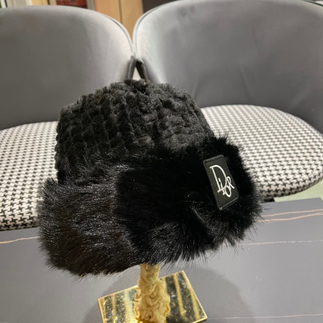 DIOR迪奥韩版2024毛绒边渔夫帽女秋冬季保暖显脸小盆帽户外百搭针织毛线渔夫帽