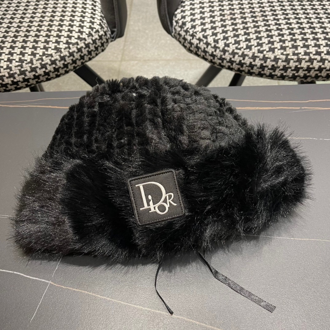 DIOR迪奥韩版2024毛绒边渔夫帽女秋冬季保暖显脸小盆帽户外百搭针织毛线渔夫帽