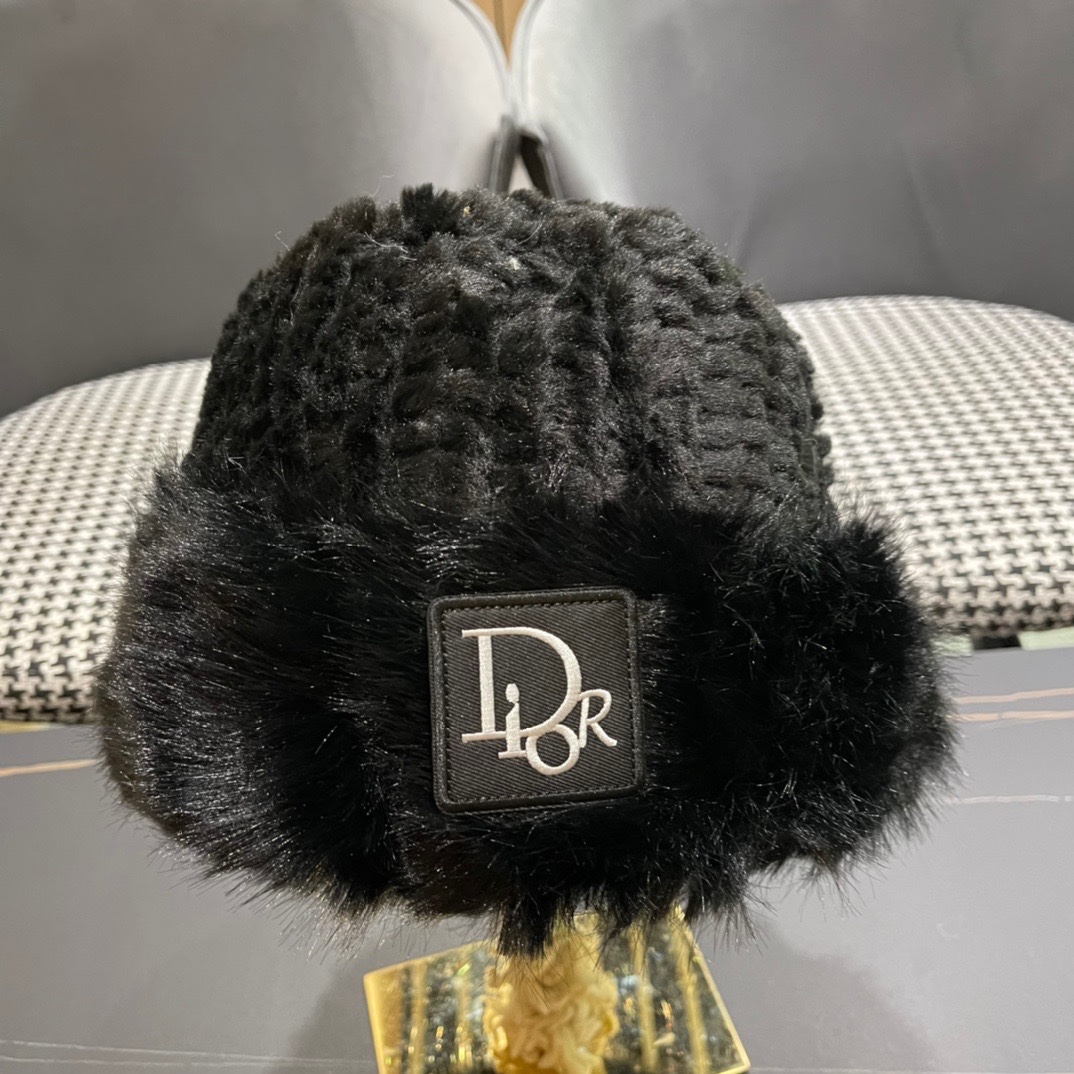 DIOR迪奥韩版2024毛绒边渔夫帽女秋冬季保暖显脸小盆帽户外百搭针织毛线渔夫帽