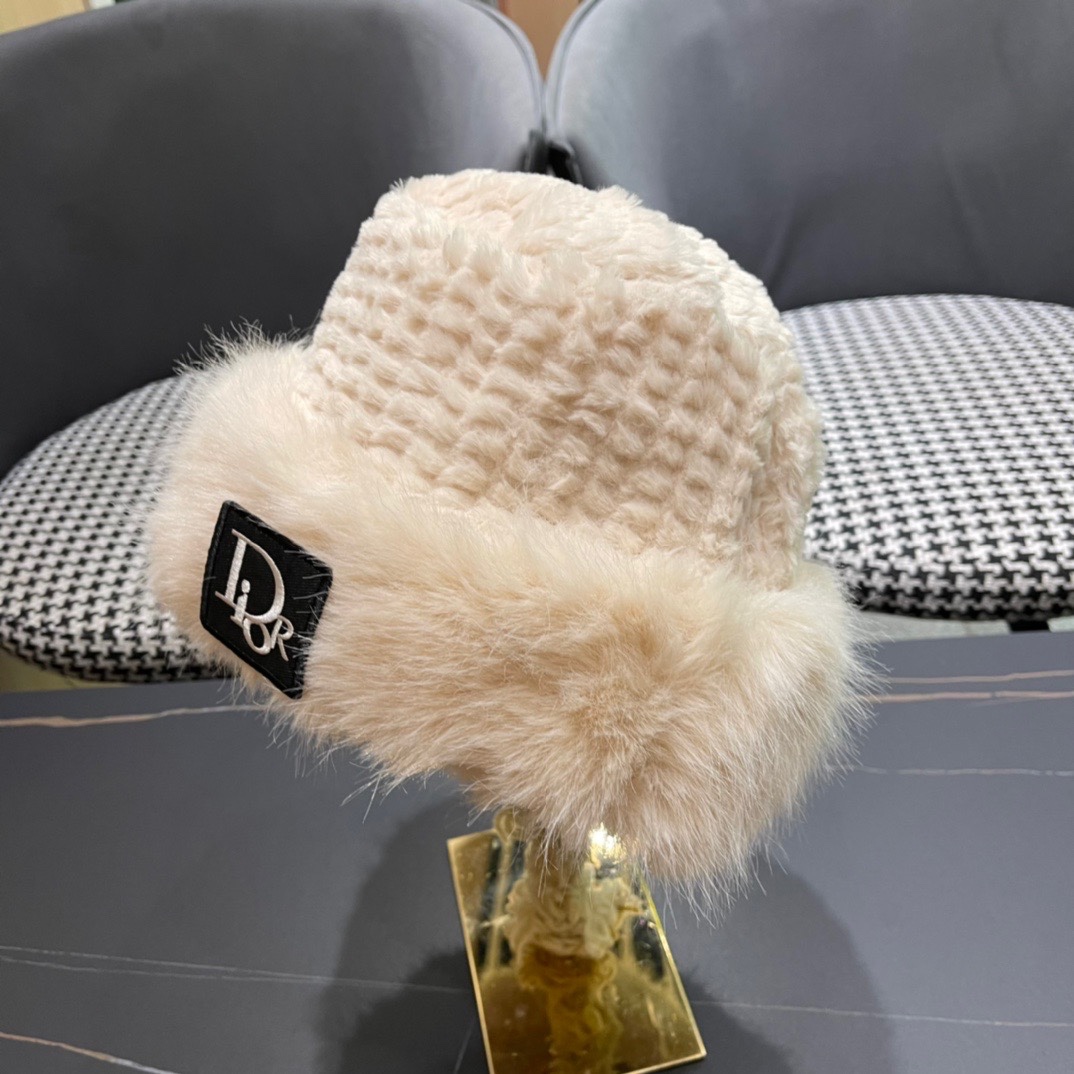 DIOR迪奥韩版2024毛绒边渔夫帽女秋冬季保暖显脸小盆帽户外百搭针织毛线渔夫帽