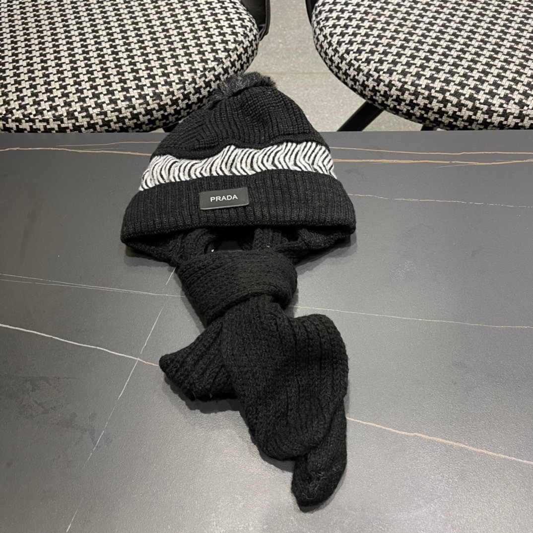 普拉达Prada 2024新款围巾一体毛绒渔夫帽女秋冬帽子冬款针织帽