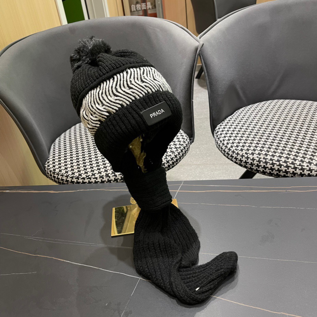 普拉达Prada 2024新款围巾一体毛绒渔夫帽女秋冬帽子冬款针织帽