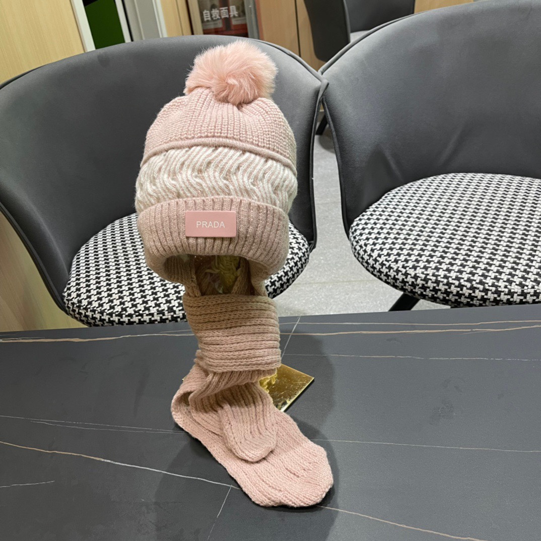 普拉达Prada 2024新款围巾一体毛绒渔夫帽女秋冬帽子冬款针织帽