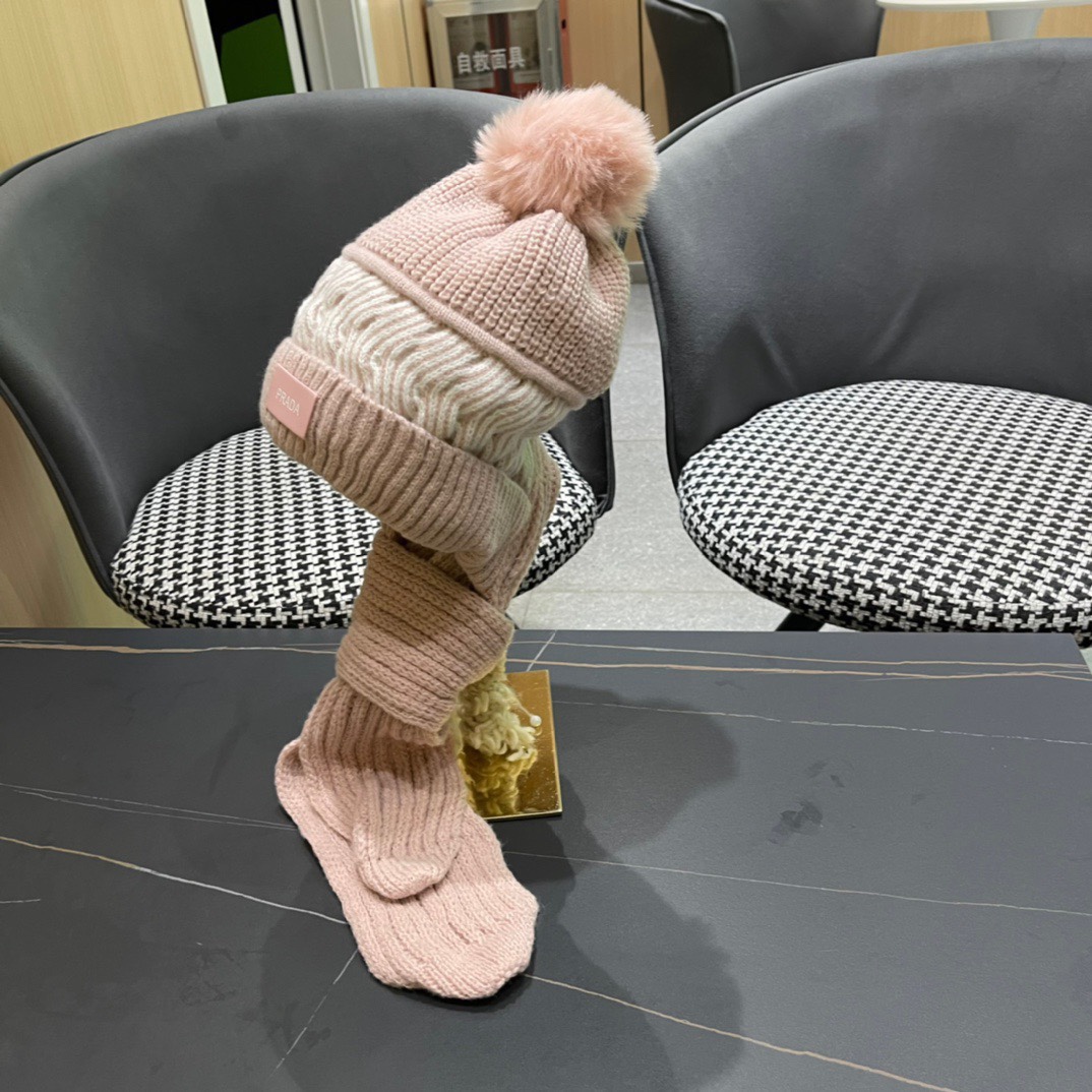 普拉达Prada 2024新款围巾一体毛绒渔夫帽女秋冬帽子冬款针织帽