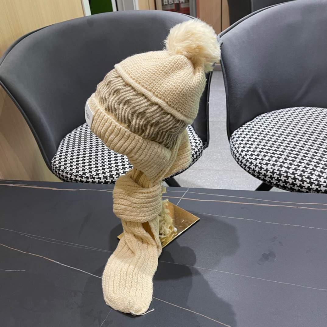 普拉达Prada 2024新款围巾一体毛绒渔夫帽女秋冬帽子冬款针织帽